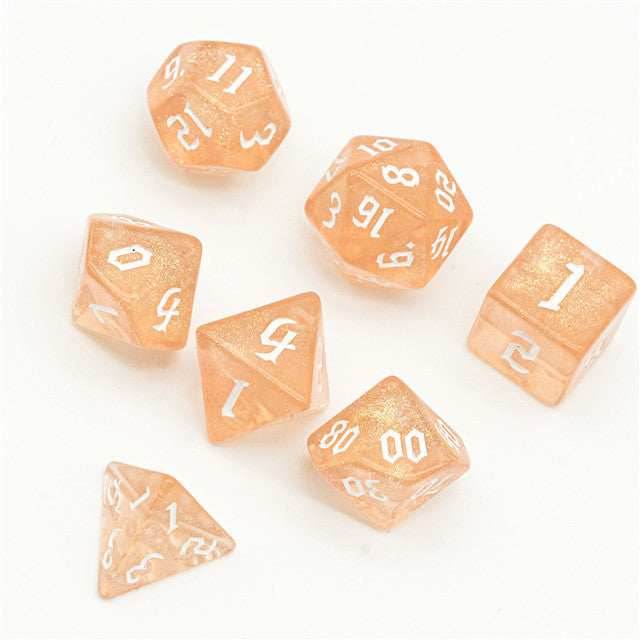 Peach Glitter Party Glitter Dice (White font) 7-Dice Set RPG DND - 