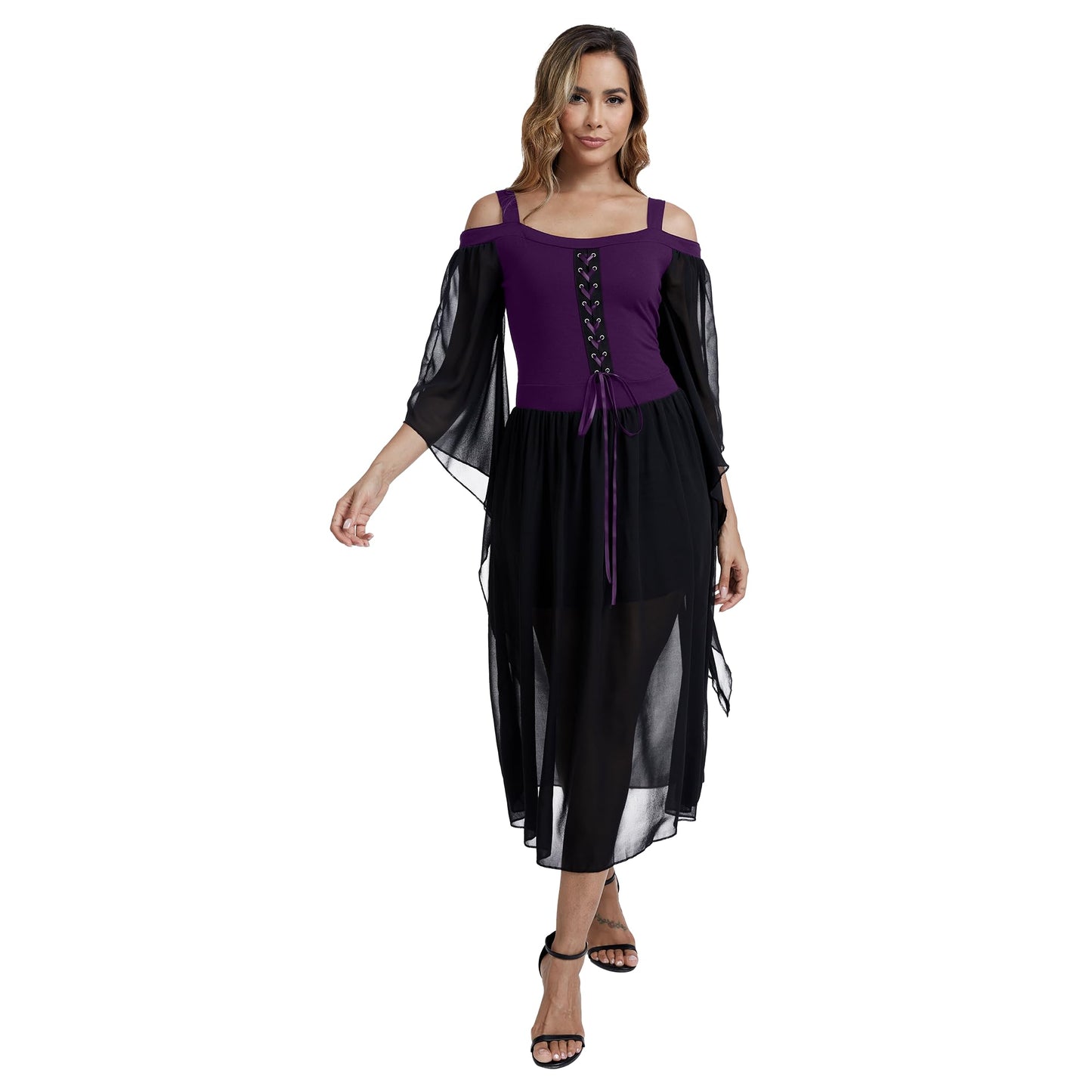 Medieval Costume Dress for Women - Renaissance Gothic Gown with Trumpet Sleeves