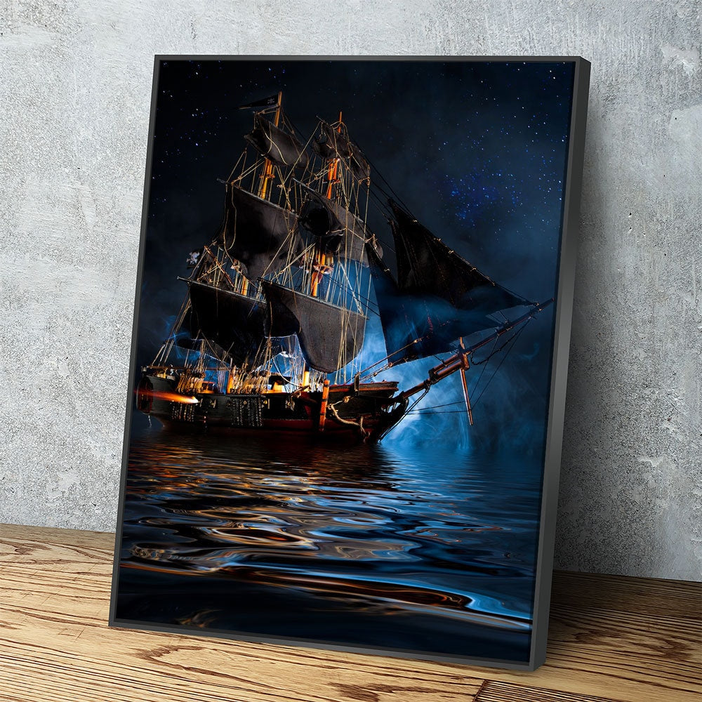 Pirate Ship Dark Sea Battle Canvas Wall Art, Pirate Decor, Ship Sailing, Jolly Roger Flag, Pirate Battleship