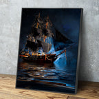 Pirate Ship Dark Sea Battle Canvas Wall Art, Pirate Decor, Ship Sailing, Jolly Roger Flag, Pirate Battleship