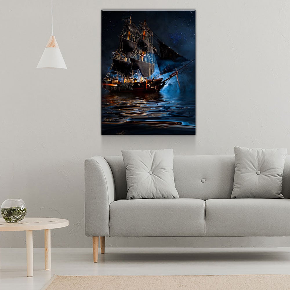 Pirate Ship Dark Sea Battle Canvas Wall Art, Pirate Decor, Ship Sailing, Jolly Roger Flag, Pirate Battleship
