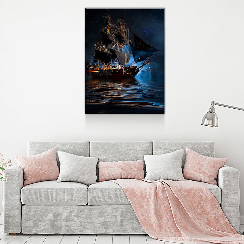 Pirate Ship Dark Sea Battle Canvas Wall Art, Pirate Decor, Ship Sailing, Jolly Roger Flag, Pirate Battleship