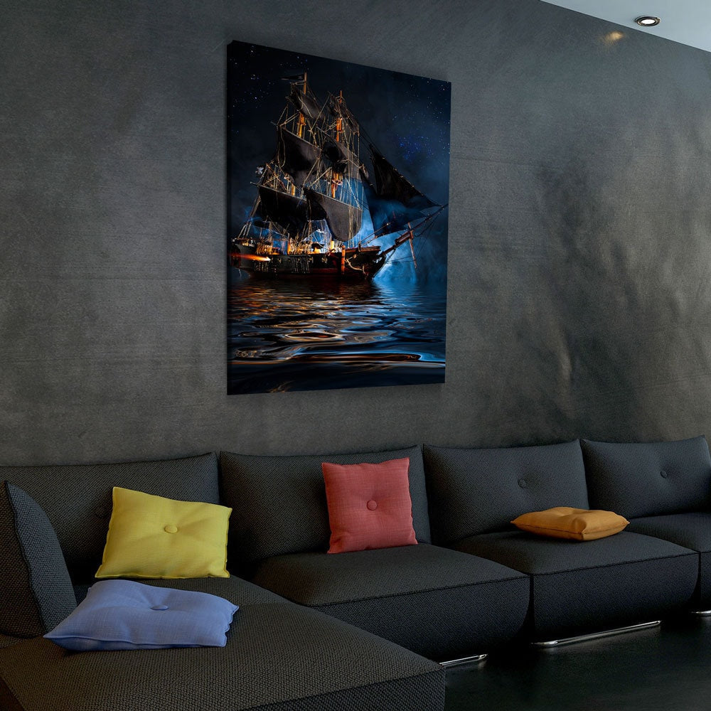 Pirate Ship Dark Sea Battle Canvas Wall Art, Pirate Decor, Ship Sailing, Jolly Roger Flag, Pirate Battleship