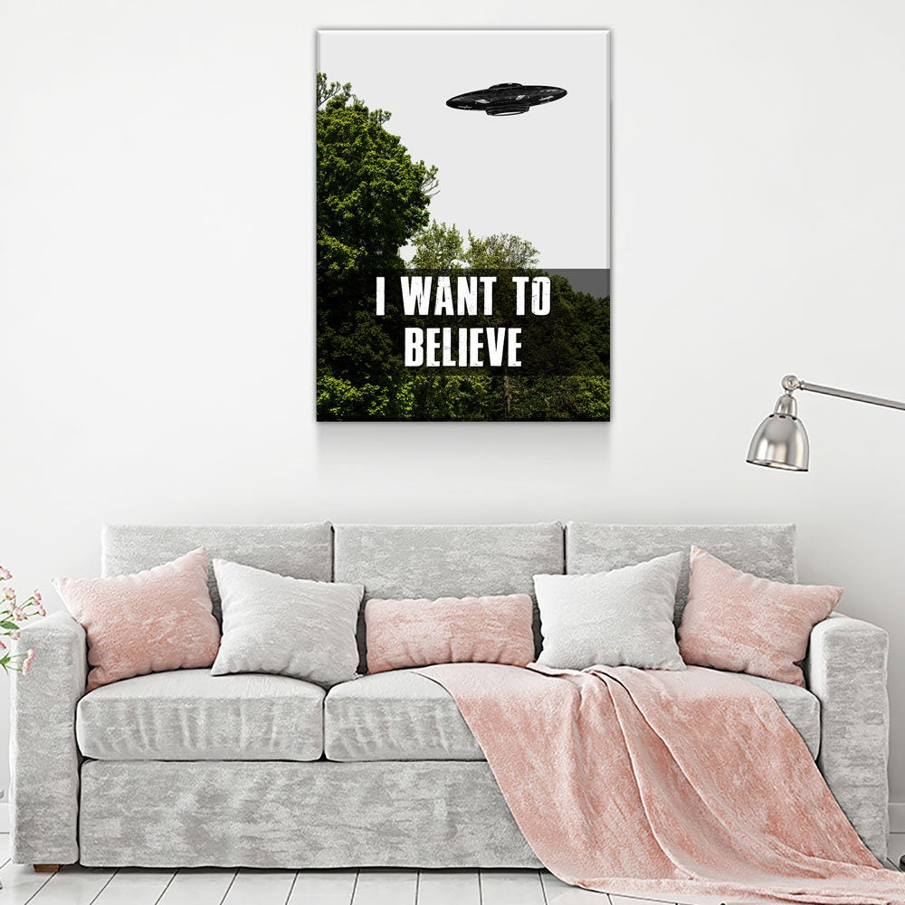 I Want To Believe Canvas Wall Art, UFO Decor, X-Files Style Design, Area 51, Alien Decor