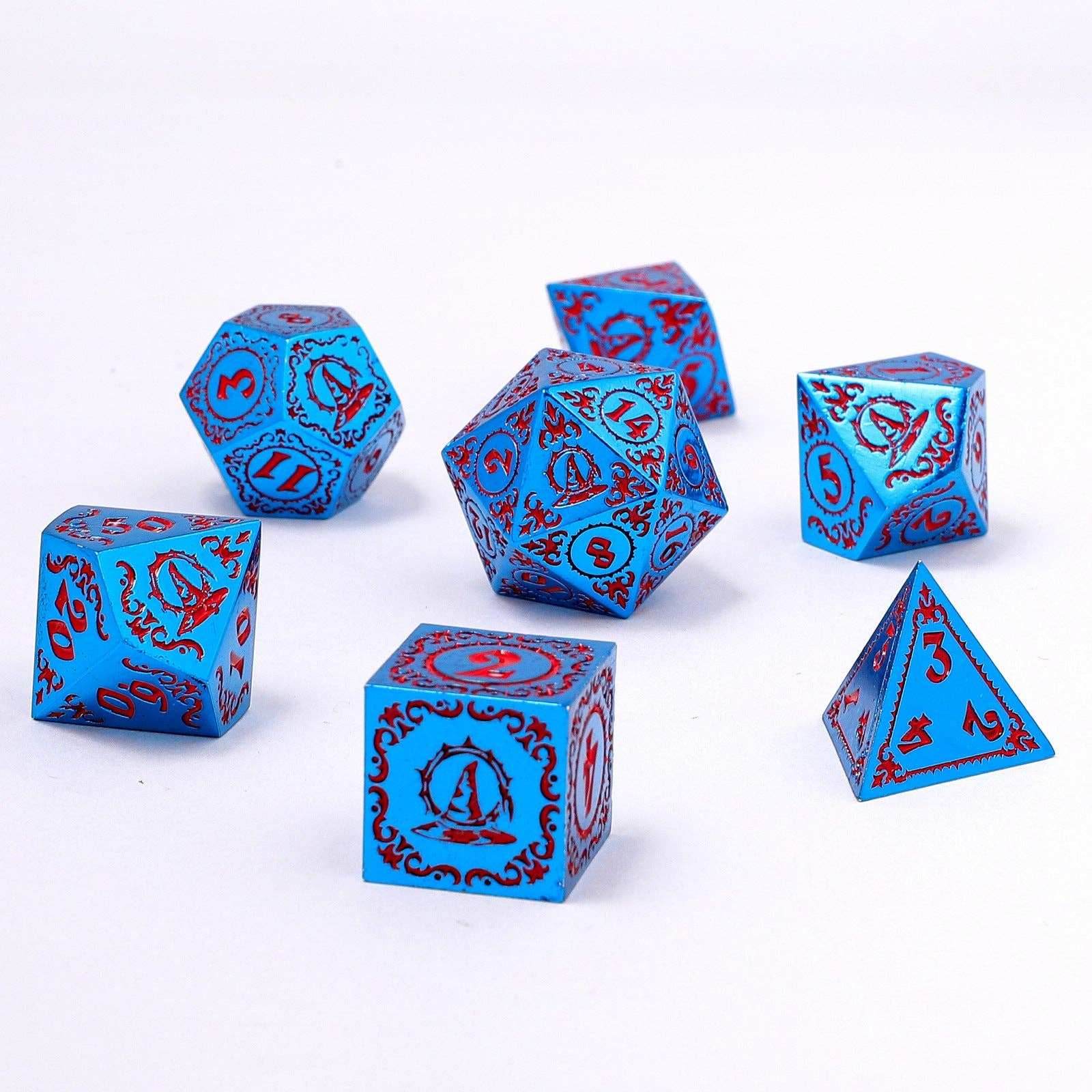 Wizard Solid Metal Polyhedral Dice Set - Blue with Red - 
