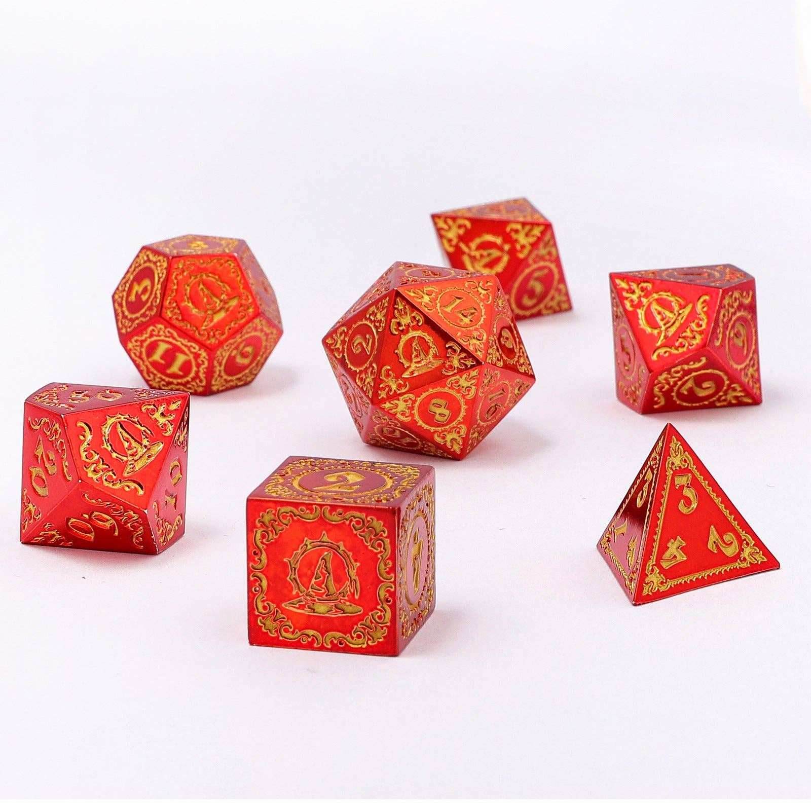 Wizard Solid Metal Polyhedral Dice Set - Red with Gold - 