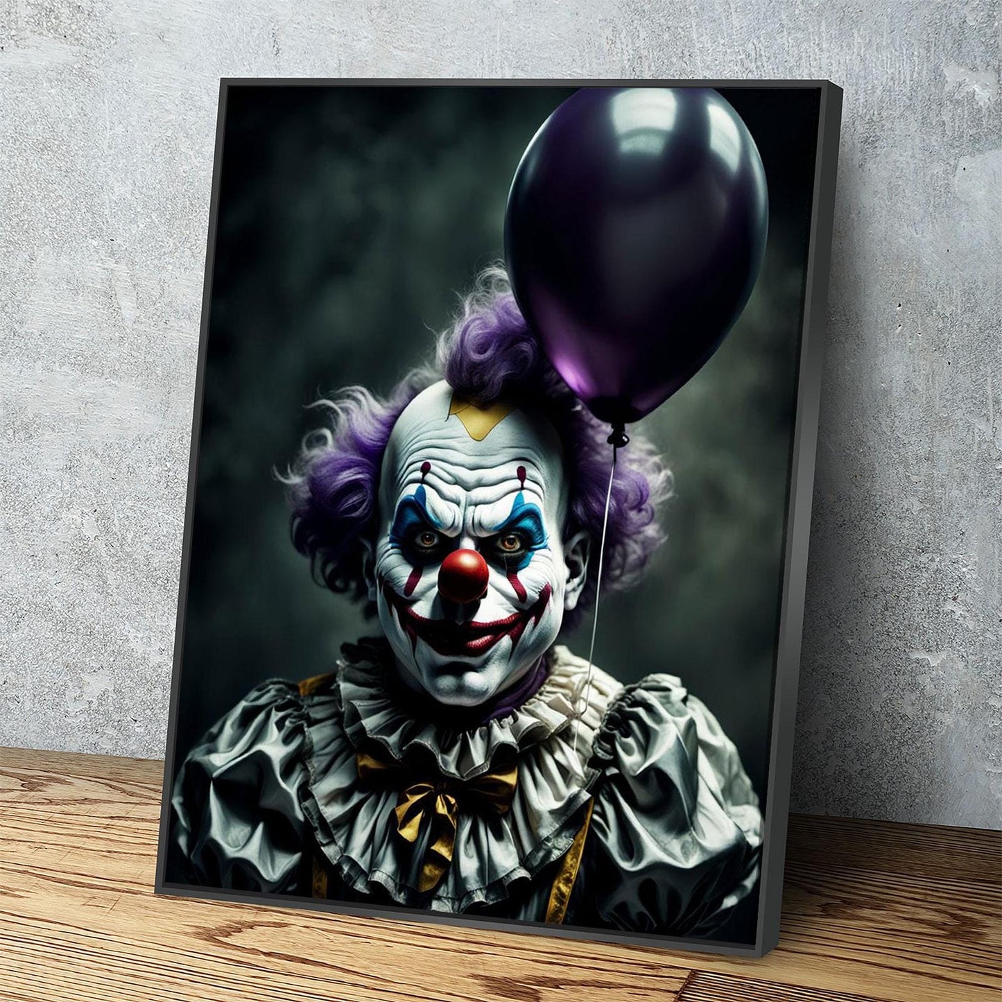 Scary Clown With Purple Balloon Canvas Wall Art, Scary Decor, Clown with Red Nose, Halloween Decor, Gothic Print, Clown Print, Haunted Decor