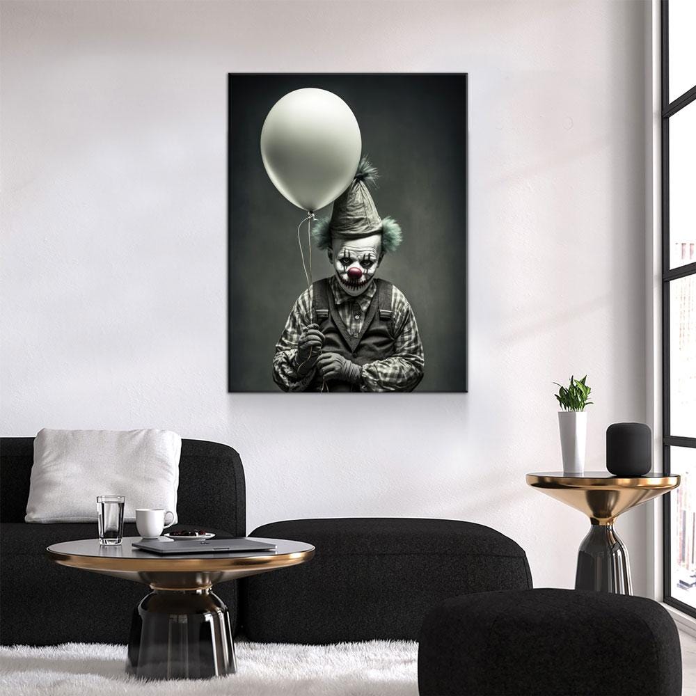 Scary Clown With Balloon Canvas Wall Art, Scary Decor, Clown with Red Nose, Halloween Decor, Gothic Print, Clown Print, Haunted House Decor