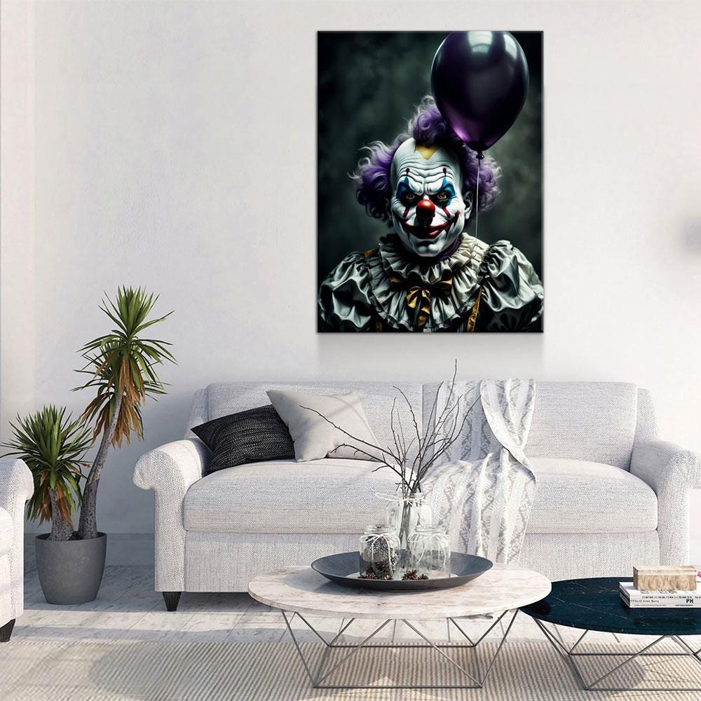 Scary Clown With Purple Balloon Canvas Wall Art, Scary Decor, Clown with Red Nose, Halloween Decor, Gothic Print, Clown Print, Haunted Decor