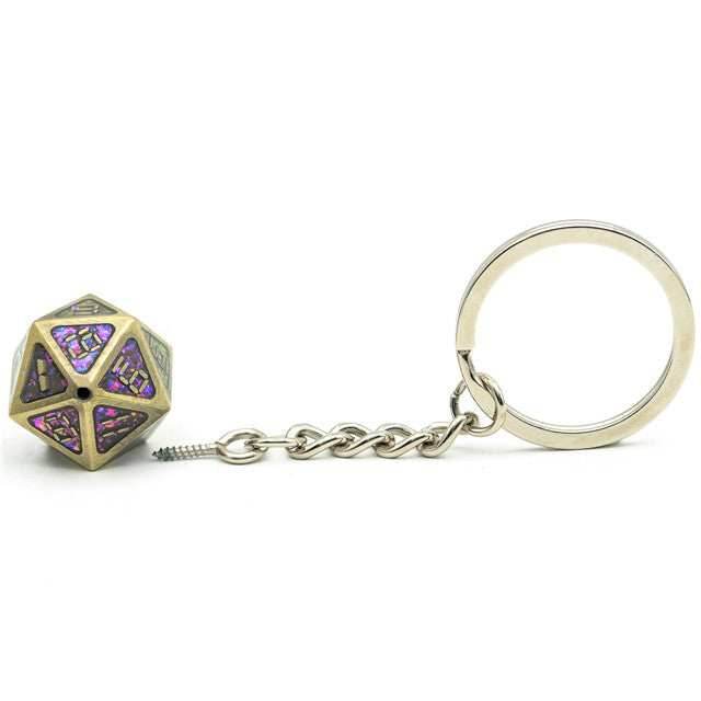 Metal D20 w/ Purple Glitter Keychain Analogue Font d20 - 