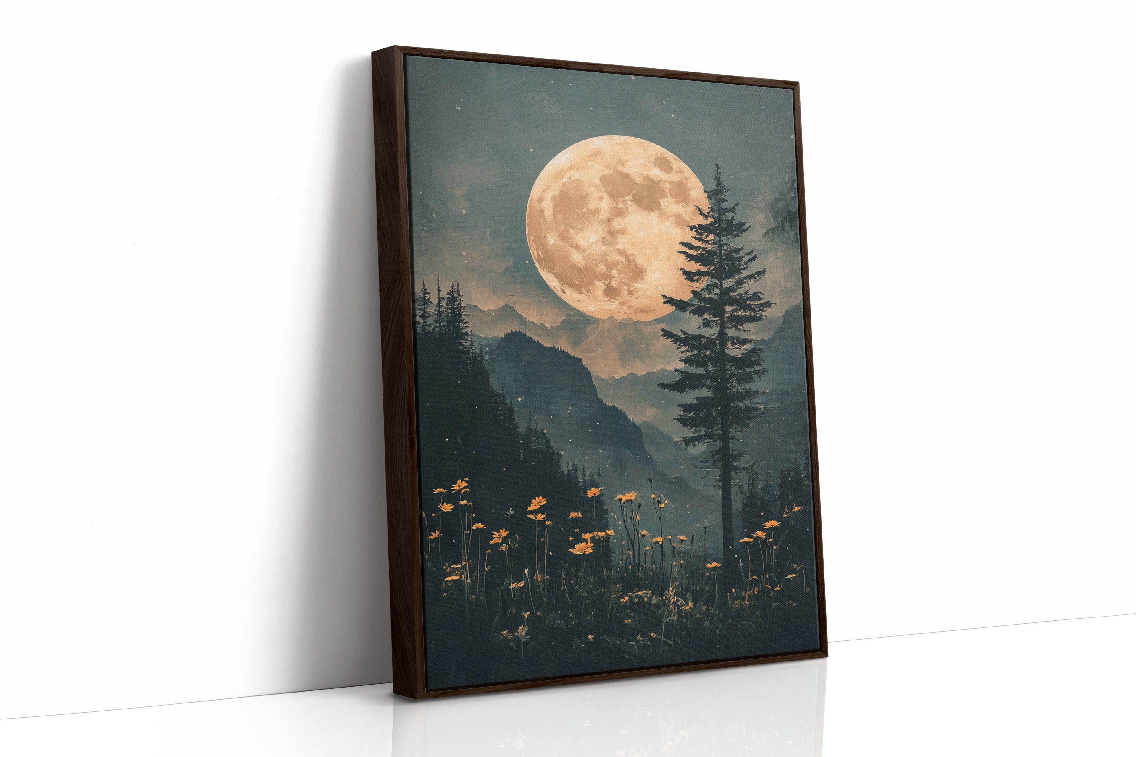 Harvest Moon Forest: Serene Mountain Landscape Canvas Wall Art