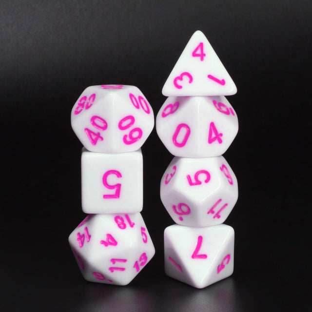 White Opaque with Purple/Pink Numbering 7-Dice Set RPG - 