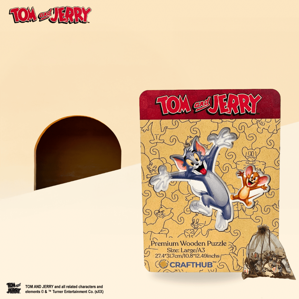 Cheerful Tom & Jerry Wooden Jigsaw Puzzle - A4 + Wooden Gift Box