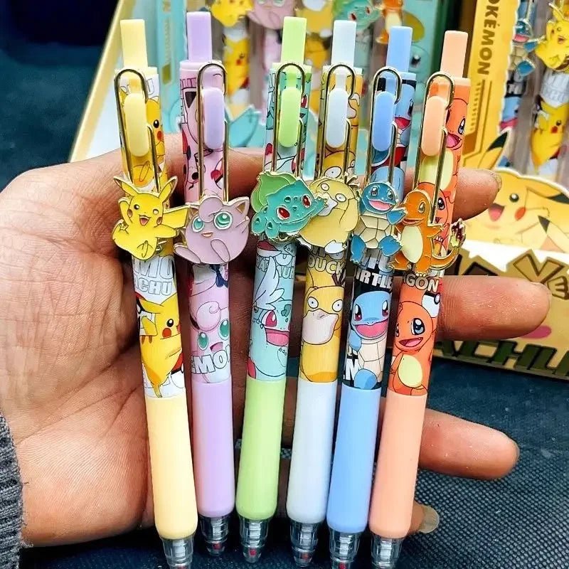 6 PCS Set Pokemon Click Pen, Black Writing Gel Pen Stationery