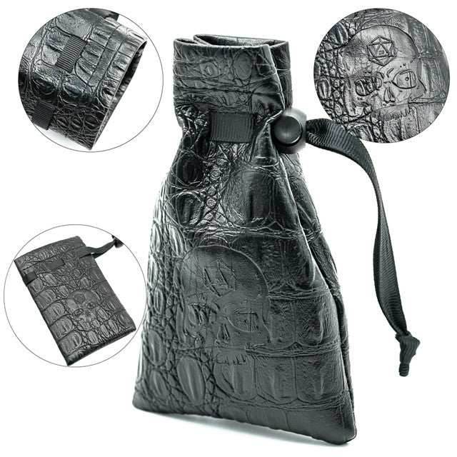 Leather Dice Bag with Skull sporting d20 Tattoo - 