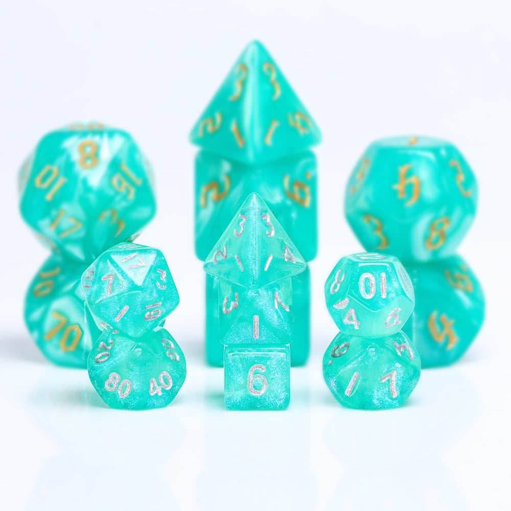 Glitter Teal 7-Dice Mini-Dice RPG Set w/Silver Numbers Miniature Dice - 