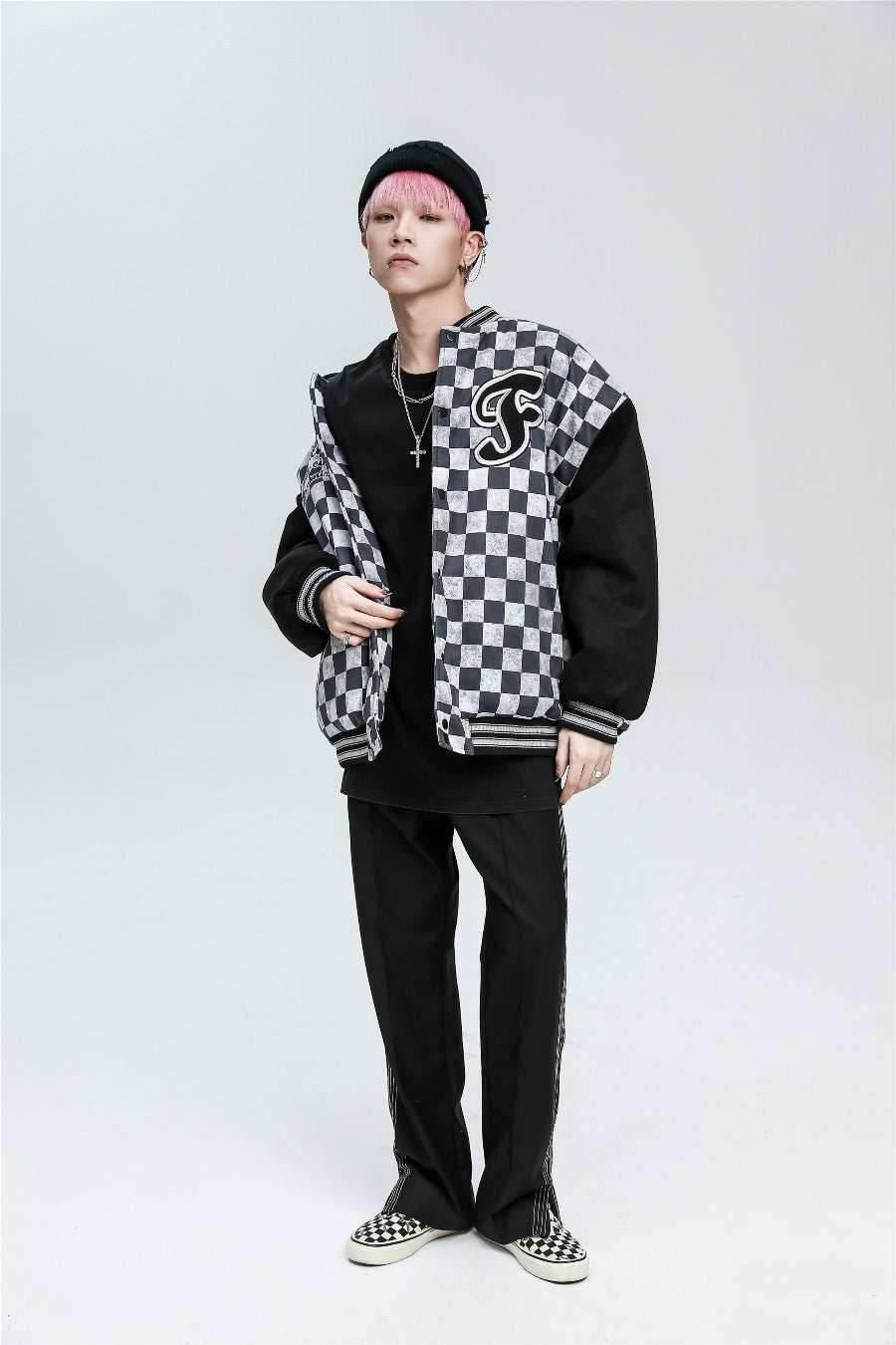 Checkered Winter Bomber Jacket - Grey / S