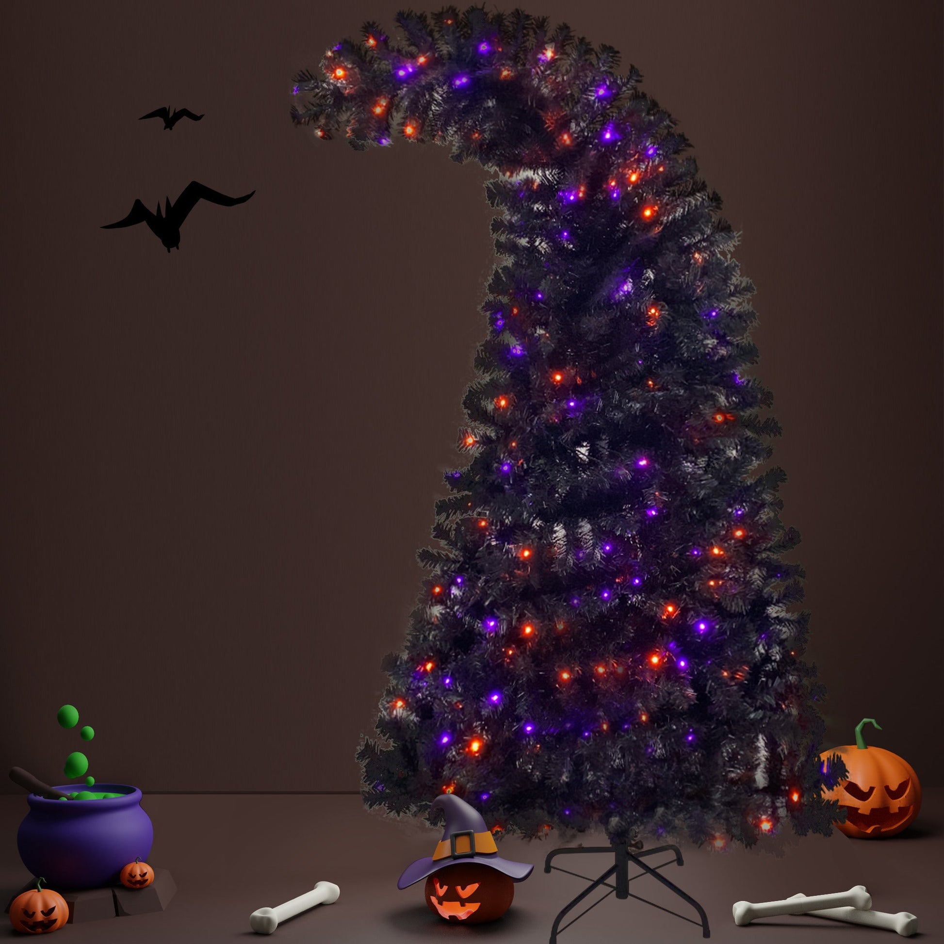 6FT Artificial Fir Bent Top Halloween Christmas Tree, Xmas Tree Bendable Grinch Style Christmas Tree Holiday Decoration w/1,080 Lush Branch Tips, 300 LED Lights X-mas Halloween Style