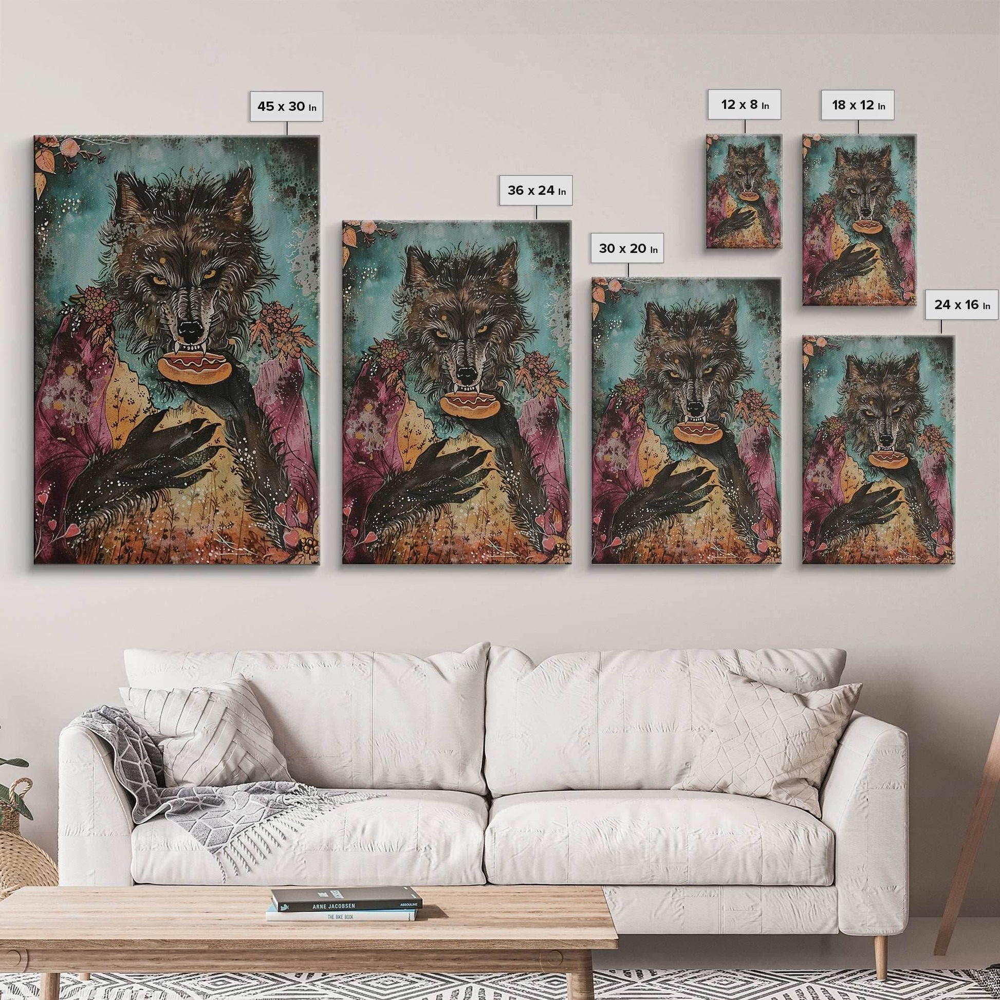 Halloween Werewolf Holding Hotdog, Framed Canvas Print, Wall Art, Home Decor, Spooky Artwork, Fantasy Decor, Halloween Decor - 8x12 Inches / Gallery Wrap Canvas - Ready To Hang
