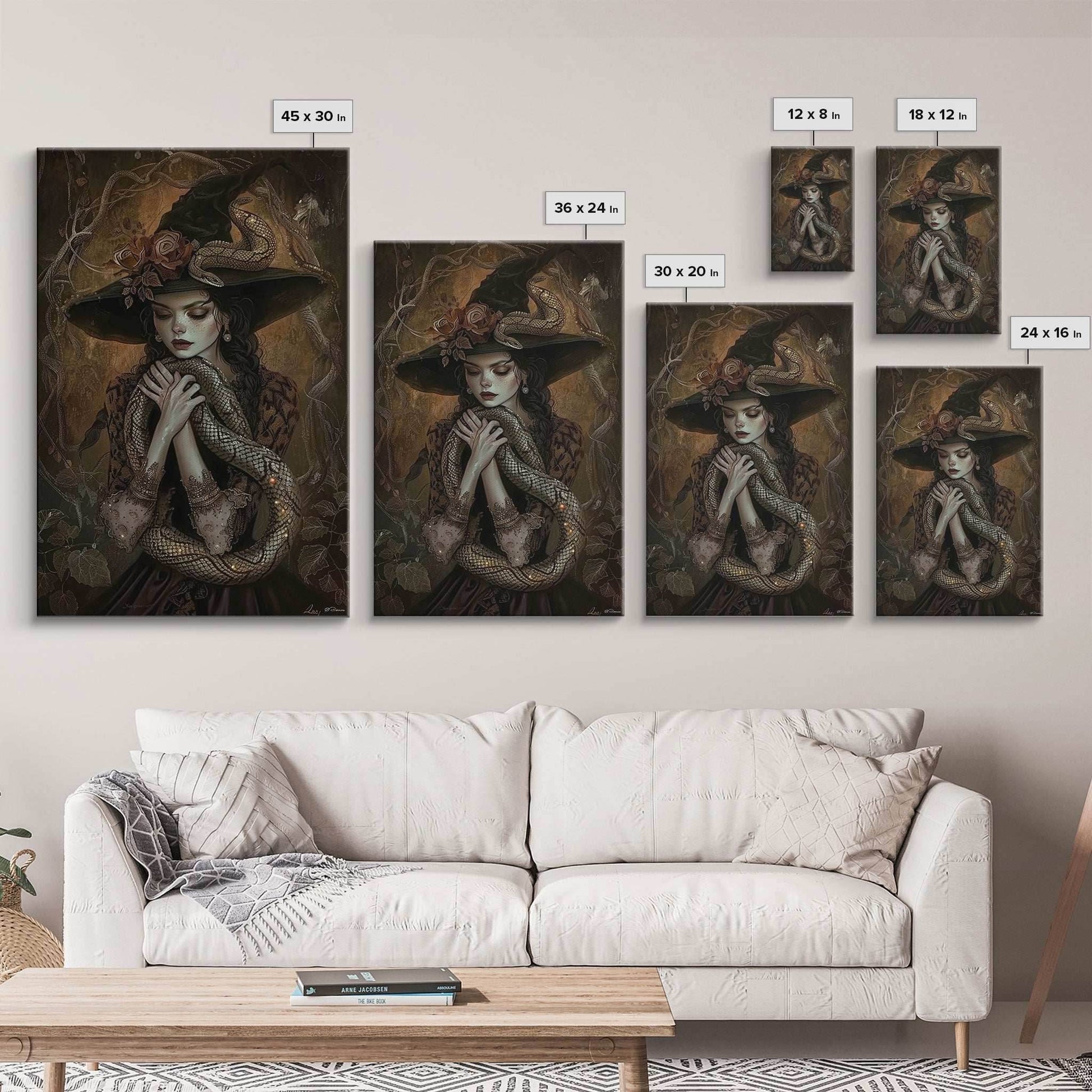 Mysterious Witch Holding Snake, Framed Canvas Print, Gothic Witch Art, Dark Fantasy Decor, Witch and Serpent, Halloween Accessories - 8x12 Inches / Gallery Wrap Canvas - Ready To Hang