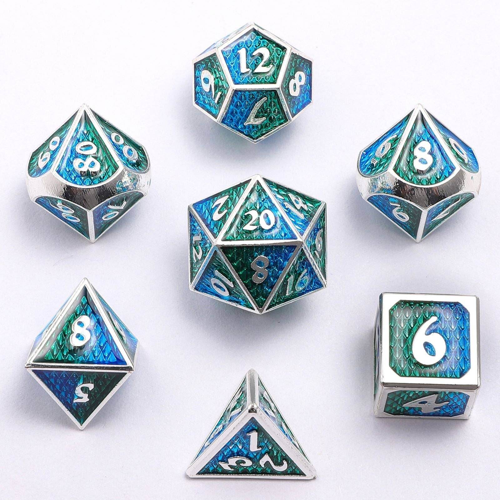 Solid Metal Mini Behemoth Dice set - Silver with Green Blue - 