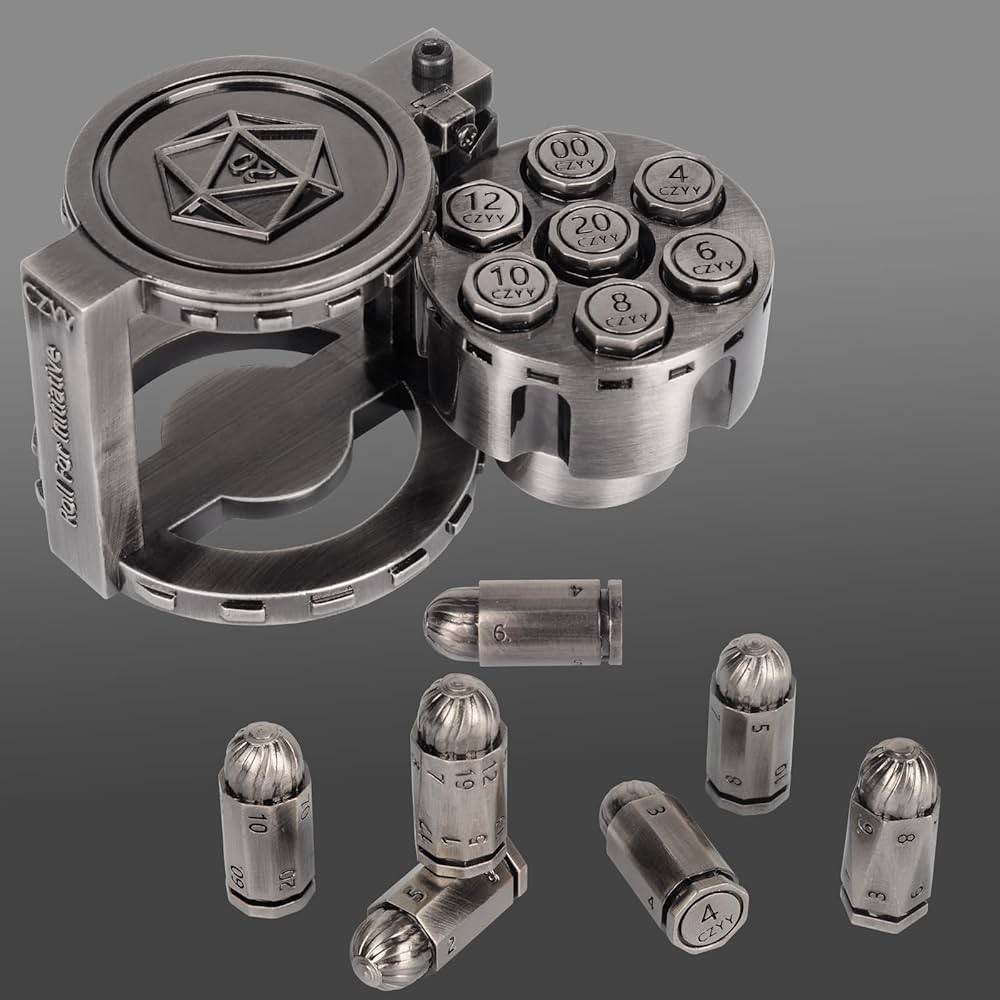 Metal Bullet Dice Set of 7 with Spinning Revolver Cylinder Container - Silver