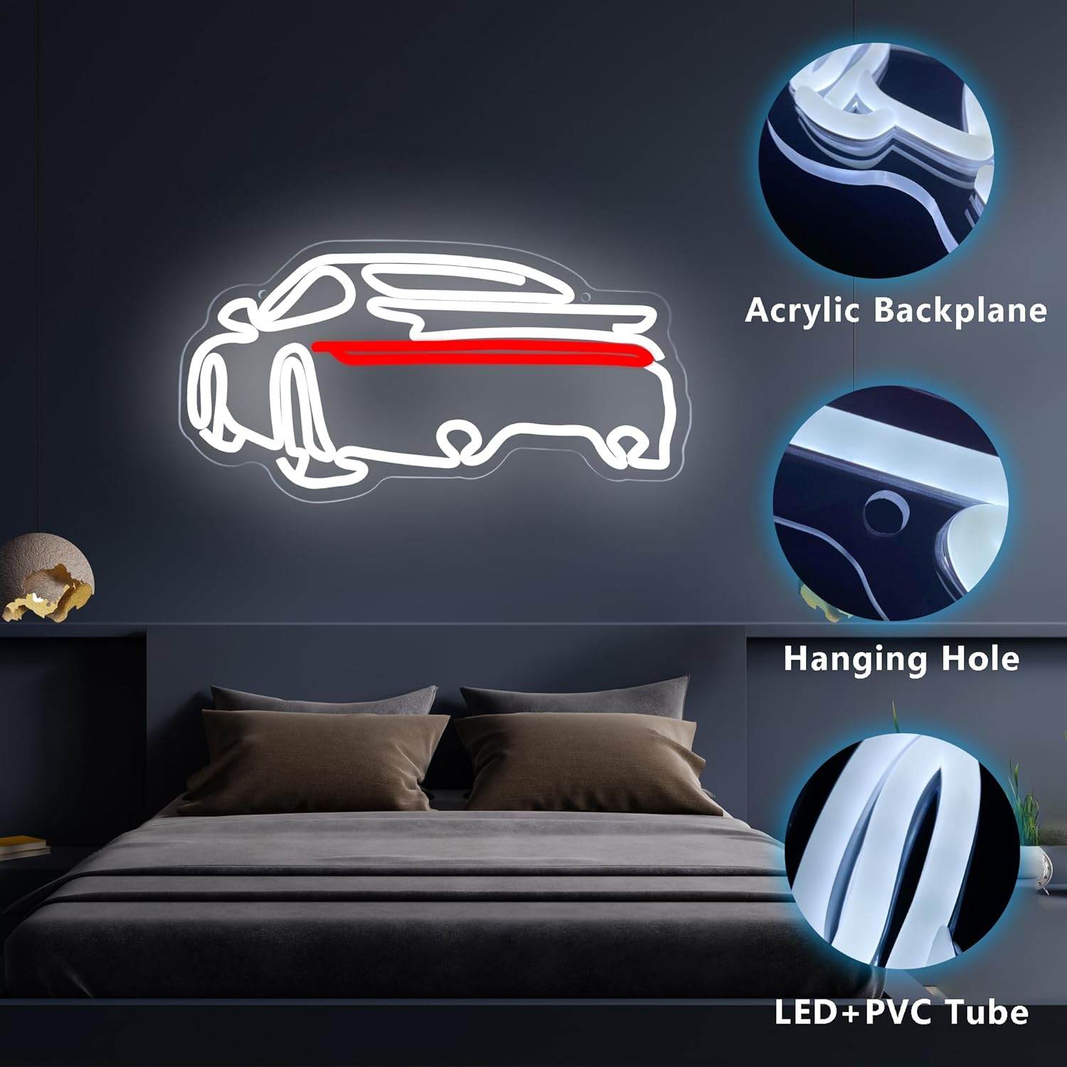 Sports Car Neon Signs for Wall Decor,Dimmable Garage Neon Light,Usb Powered Car Signs for Kids Bedroom Boys Room Playroom Man Cave Bar Birthday Gifts(15 * 7.9in) - 