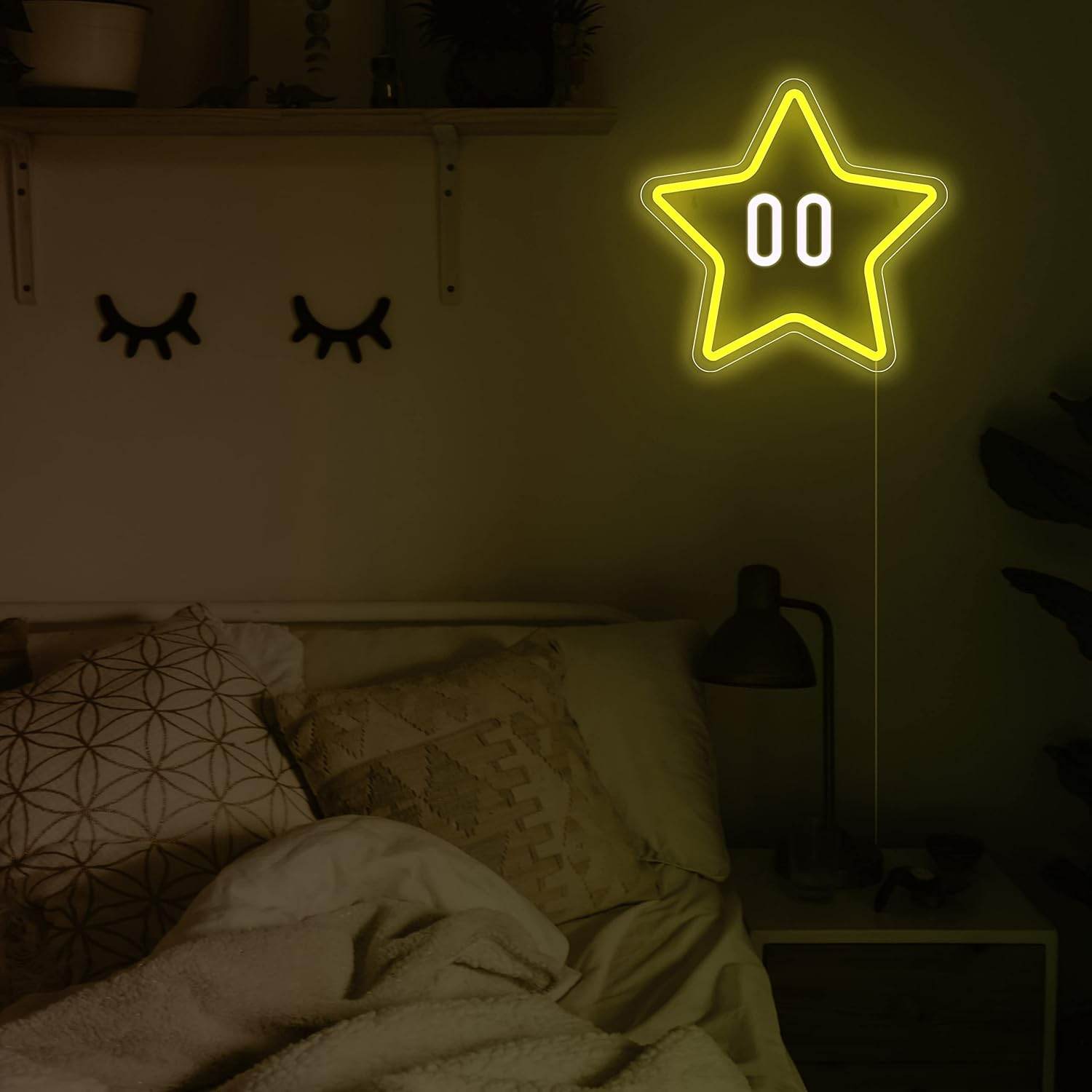 Star Neon Sign – Gaming Neon Wall Decor for Game Room & Kids Room Lighting - Yellow with White Backplate