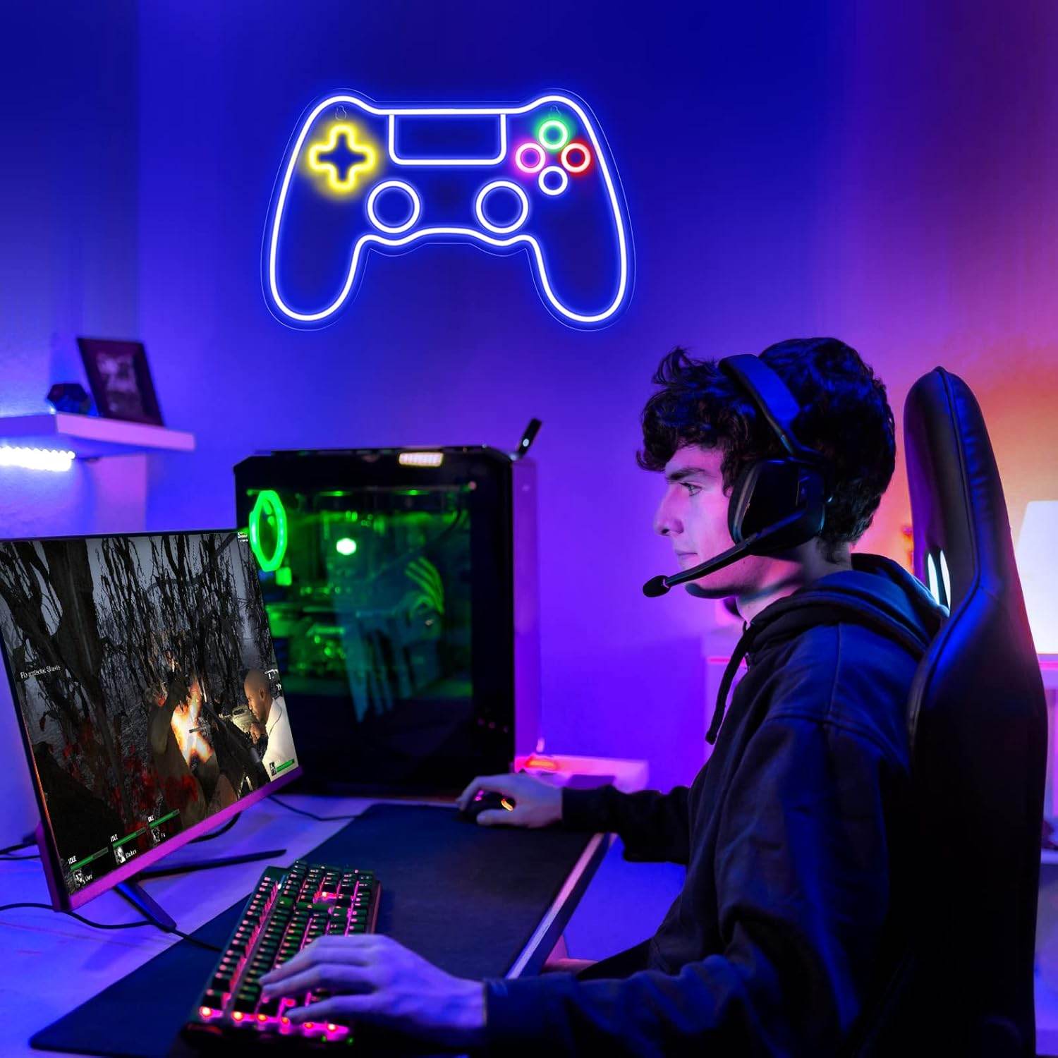 Gamer Neon Sign - LED Gamepad Neon Light for Teen Boy Room Decor | USB Powered - Mushroom1_Green