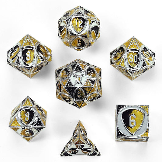 Solid Metal Fighter Class RPG Dice Set - Silver/Yellow/Black - 