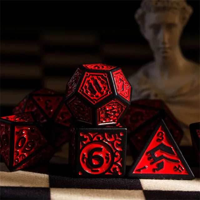 Black with Red Irregular Pattern Fill: 7-Piece Acrylic Dice Set - 