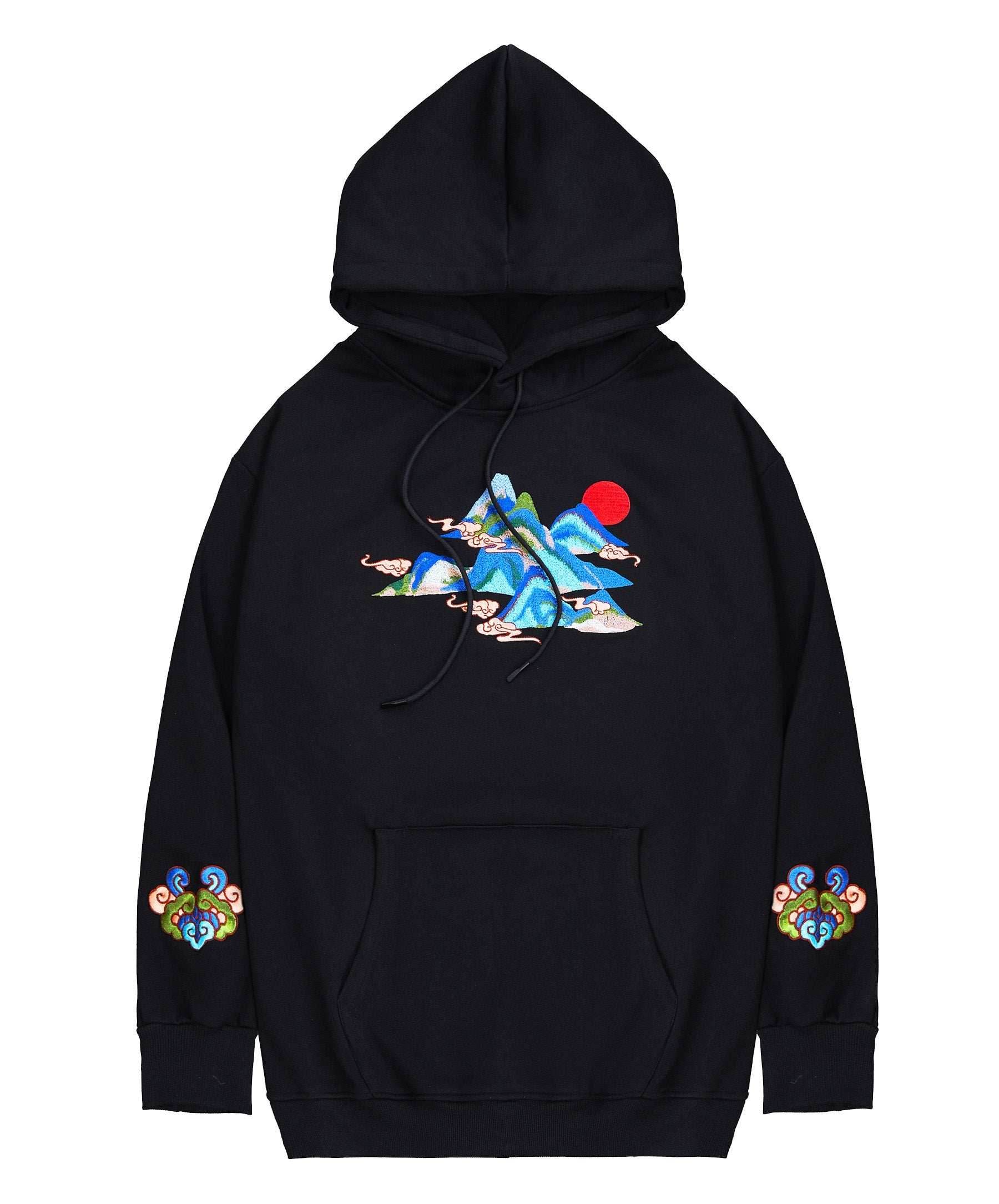 KH9232 Mountains Embroidery Hoodie - Black / S