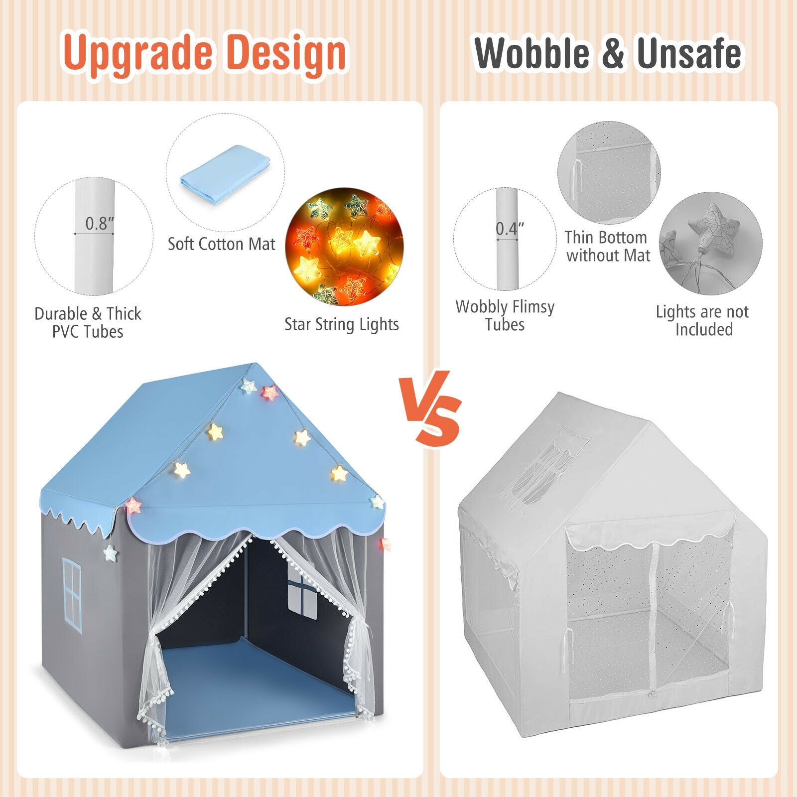 Kids Playhouse Tent with Colorful Star Lights and Mat-Blue