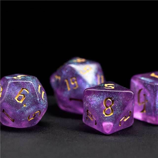 Purple Glitter Party Glitter Dice (Gold font) 7-Dice Set RPG DND - 