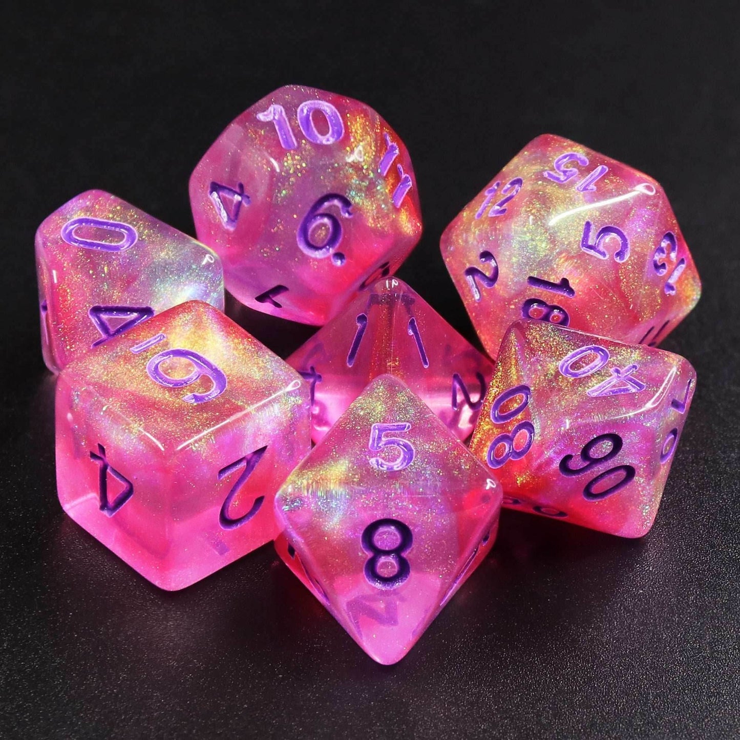 Cheshire Glitter Pink with Purple Numbering 7-Dice Set RPG - 