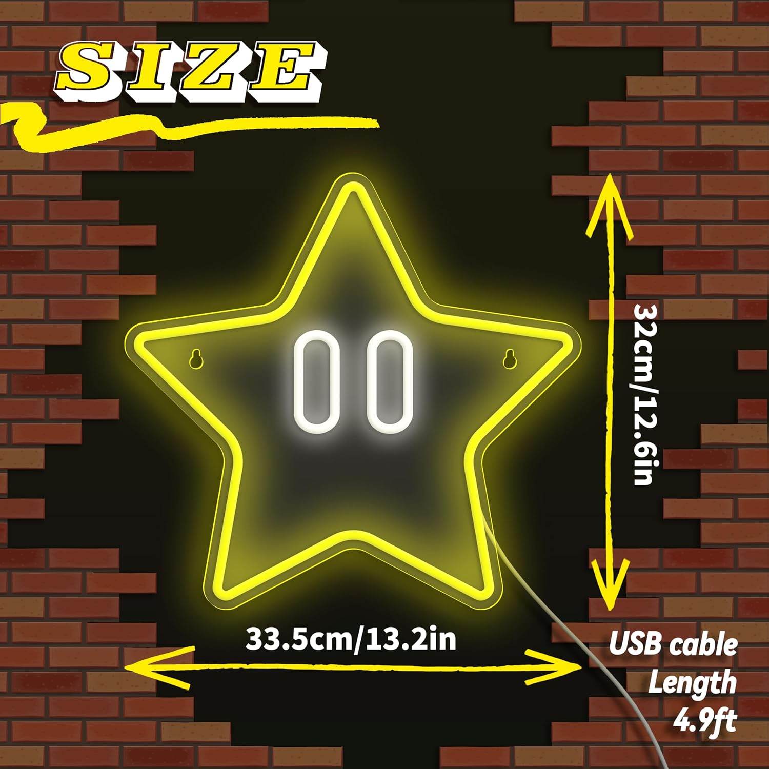 Star Neon Sign – Gaming Neon Wall Decor for Game Room & Kids Room Lighting - Yellow with White Backplate