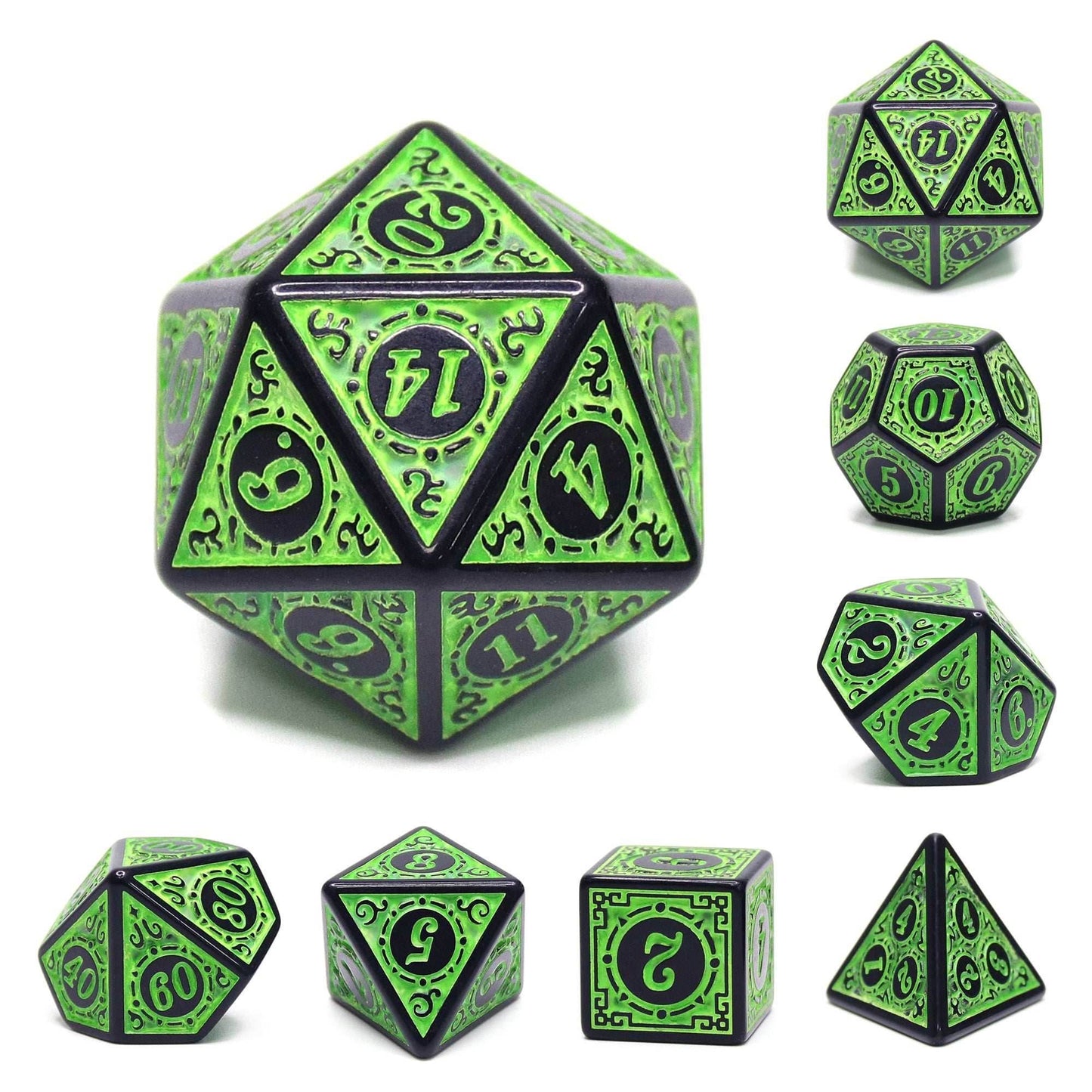 Green Magic Flame 7-Dice Set DND RPG Dice Black w/Color Fill - 