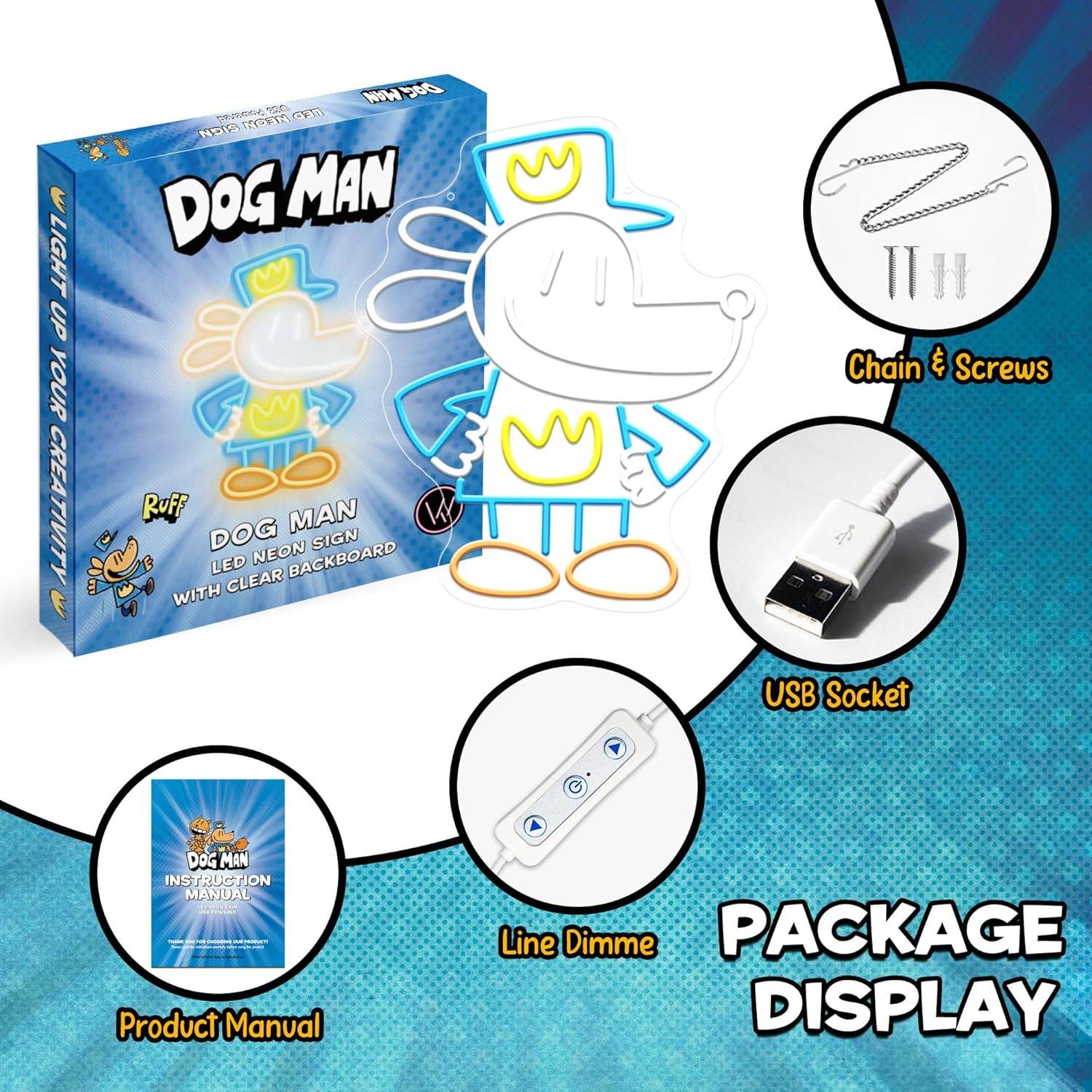 Dog Man LED Neon Sign – Vibrant Kids Bedroom Wall Decor | USB Powered Neon Light - DOG Man Color BG