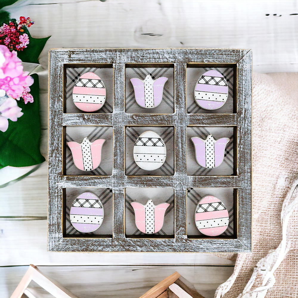 Easter Spring Tic Tac Toe Wooden Game Decor Set Tulip & Egg Pieces - 2 Sizes