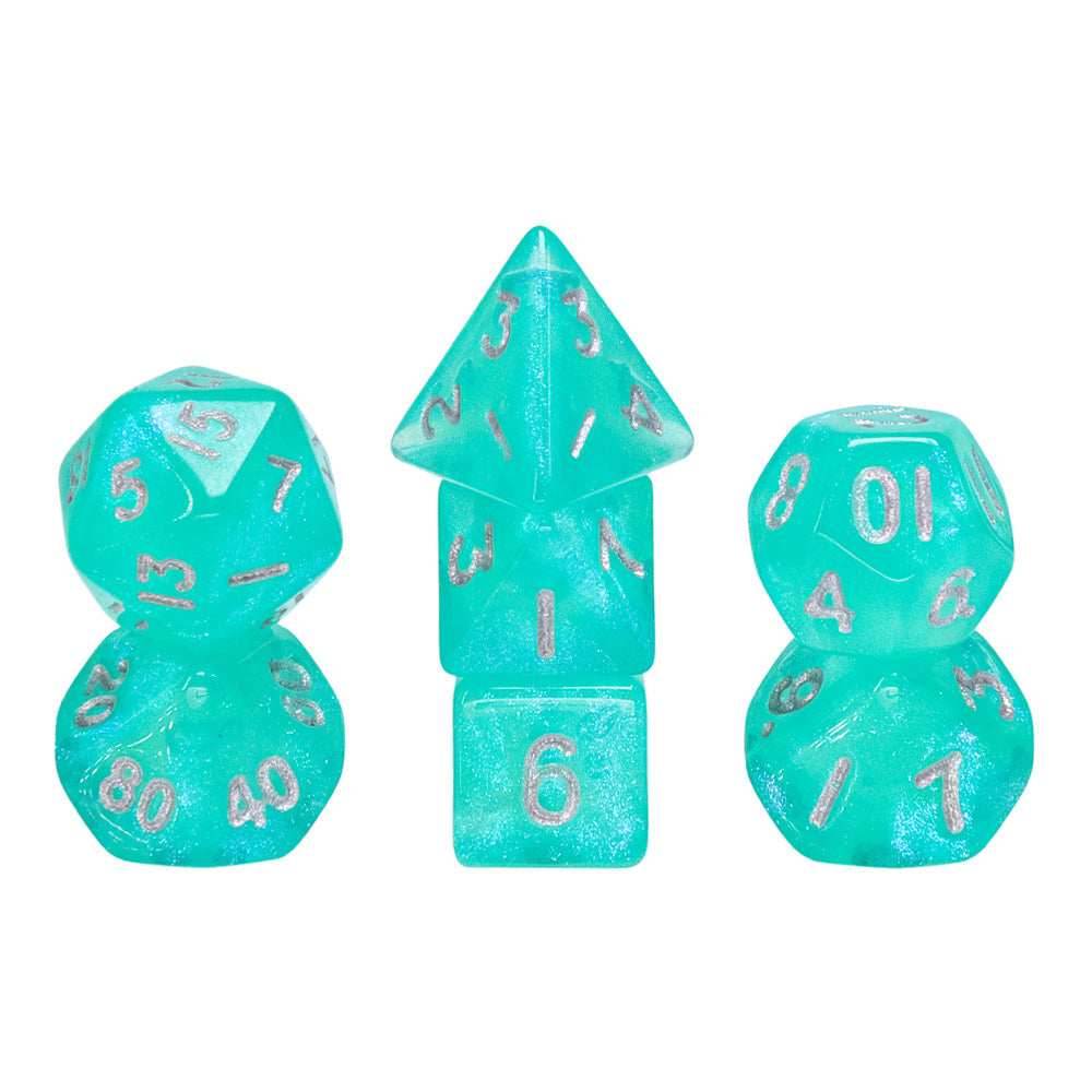 Glitter Teal 7-Dice Mini-Dice RPG Set w/Silver Numbers Miniature Dice - 