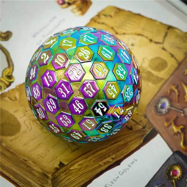 Rainbow Metal Single 100 Sided Polyhedral Dice (D100) | w/ White Color (45mm) - 