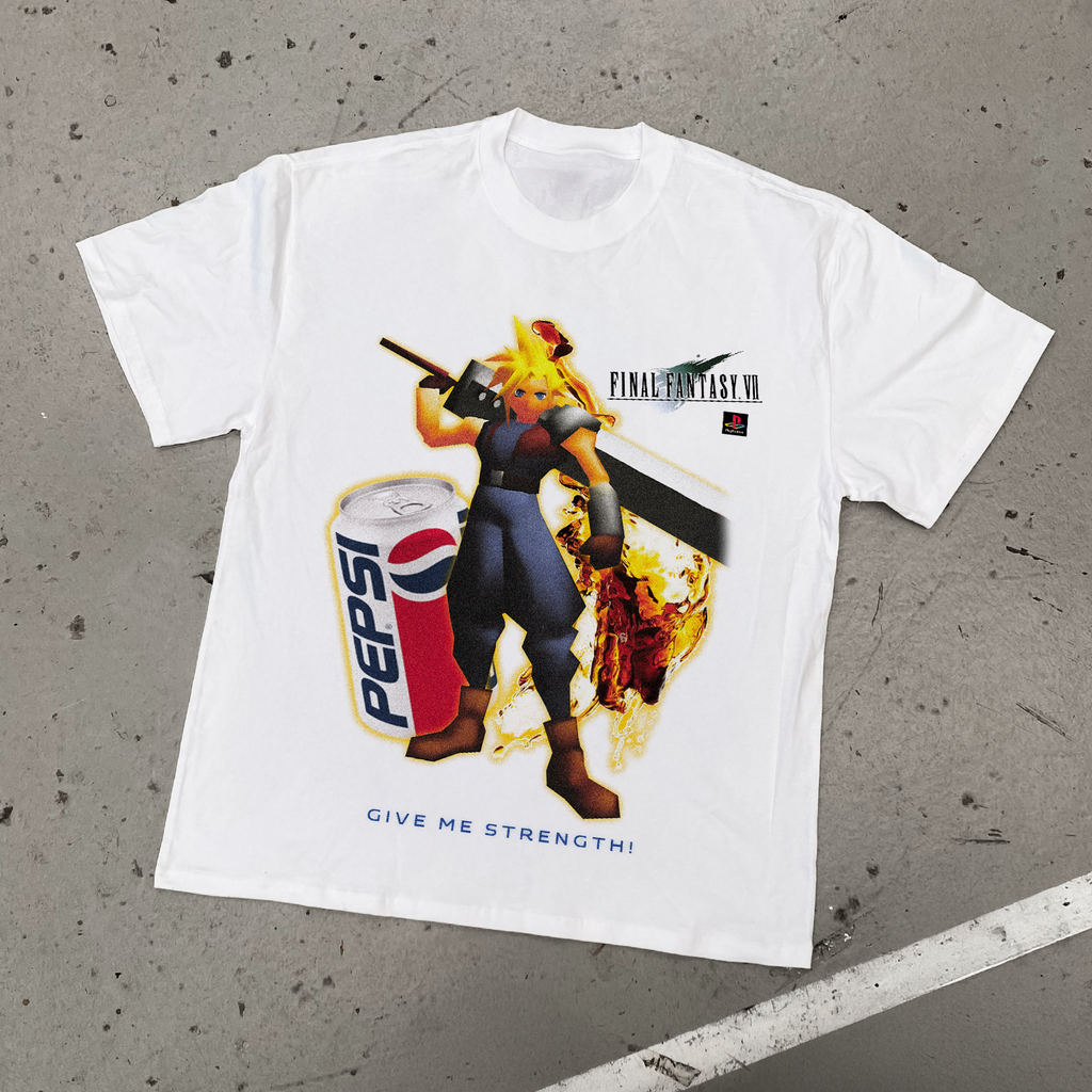 90S Nostalgia 'Final Fantasy Vii X Pepsi Cola' Heavy Faded White Tee