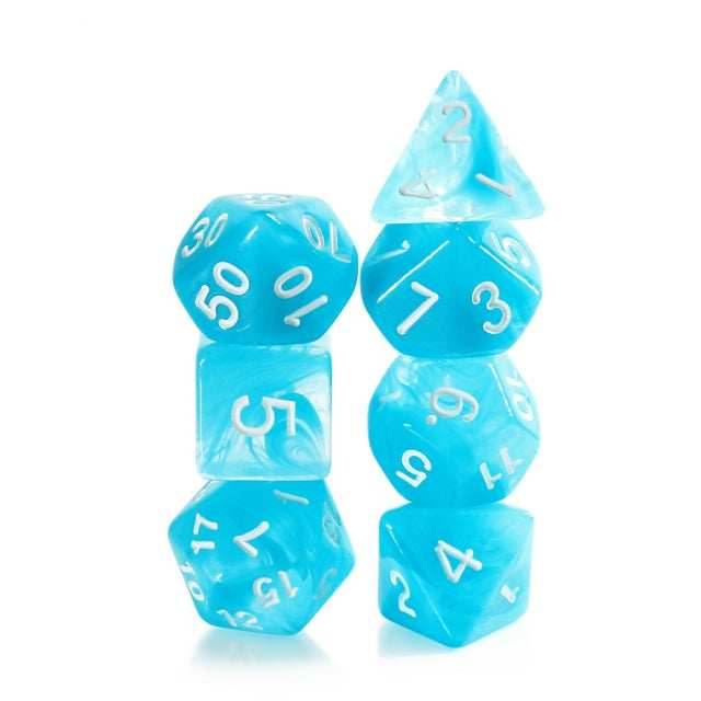 Sky Blue Swirl with White Numbering 7-Dice Set RPG - 