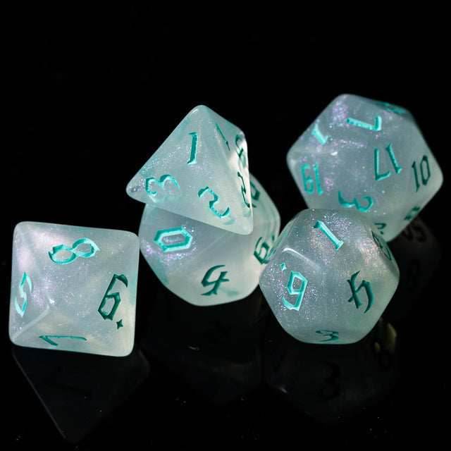 Glitter Party White Glitter Dice (Mint font) 7-Dice Set RPG DND - 