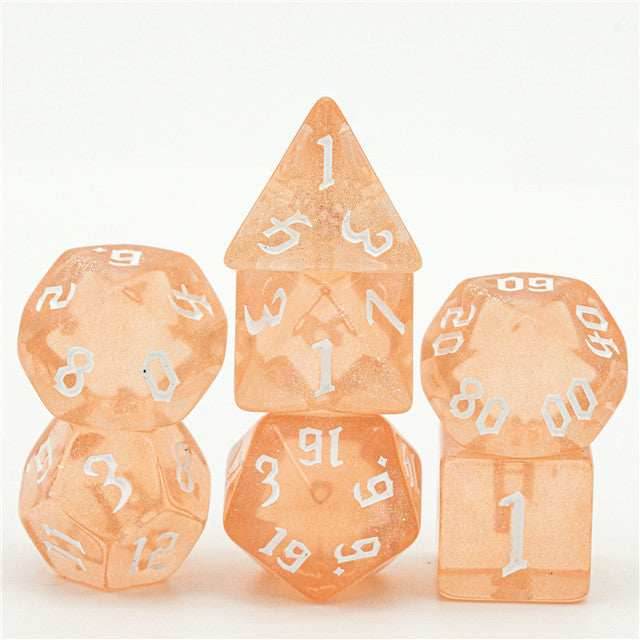 Peach Glitter Party Glitter Dice (White font) 7-Dice Set RPG DND - 