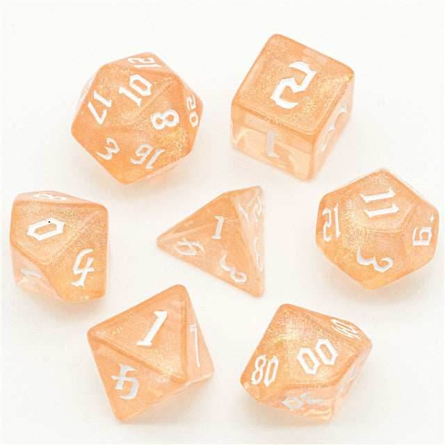 Peach Glitter Party Glitter Dice (White font) 7-Dice Set RPG DND - 