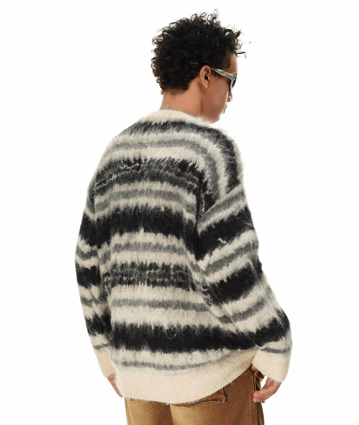 Cream and Black Striped Knit Sweater - S