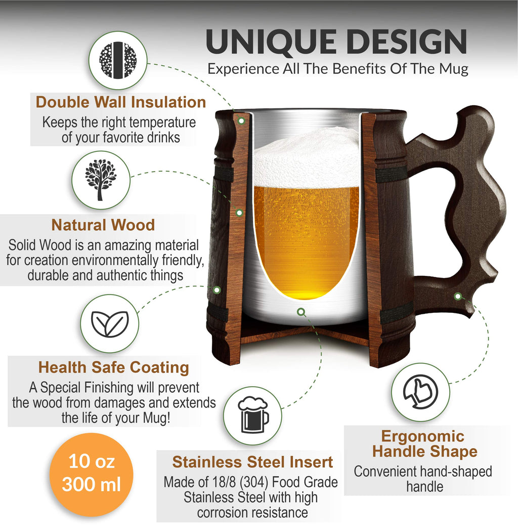 Handmade Beer Mug Oak Wood Stainless Steel Cup Box Natural 10oz Classic Brown