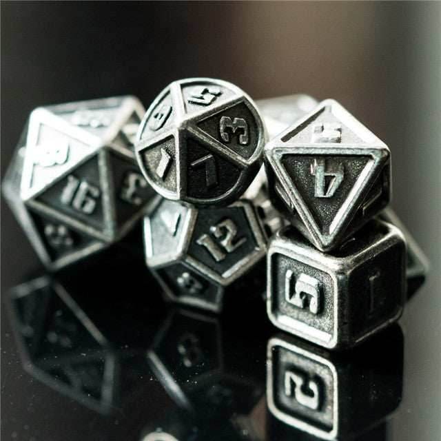 Silver Mini Metal Dice Ancient Effect | (10mm to 15mm) 7-Dice Udixi RPG - 
