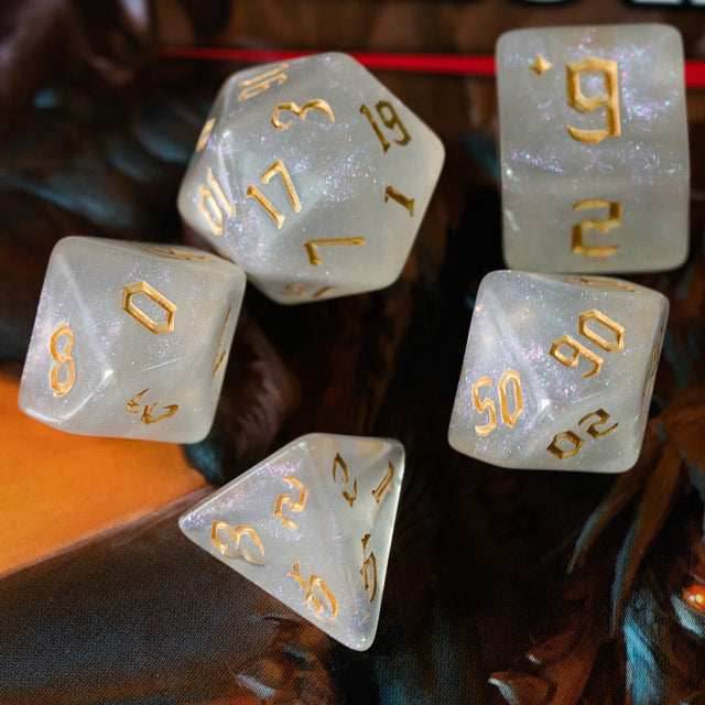 Glitter Party White Glitter Dice (Gold font) 7-Dice Set RPG DND - 